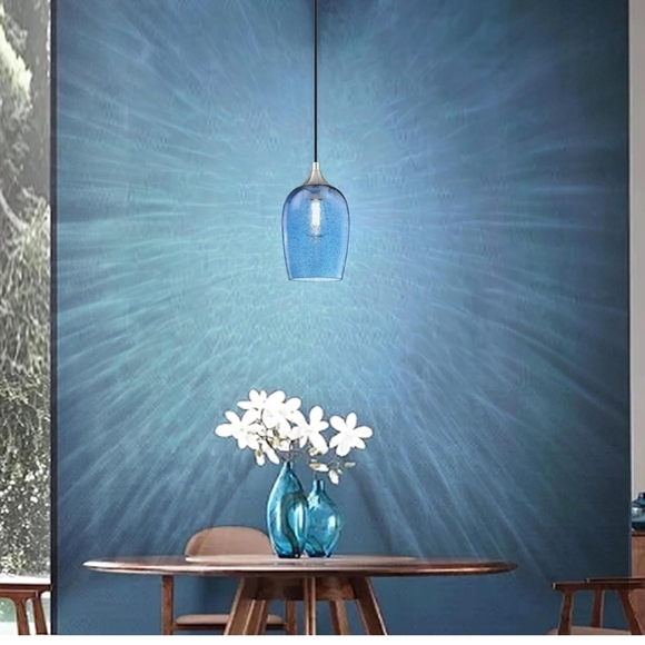 2 Pair Of Blue Glass Pendant Lights (38) - Picture 3 of 8